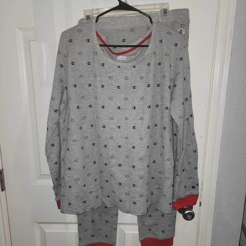 Champion Gray Pajama Set with Navy Logo and Red Trim